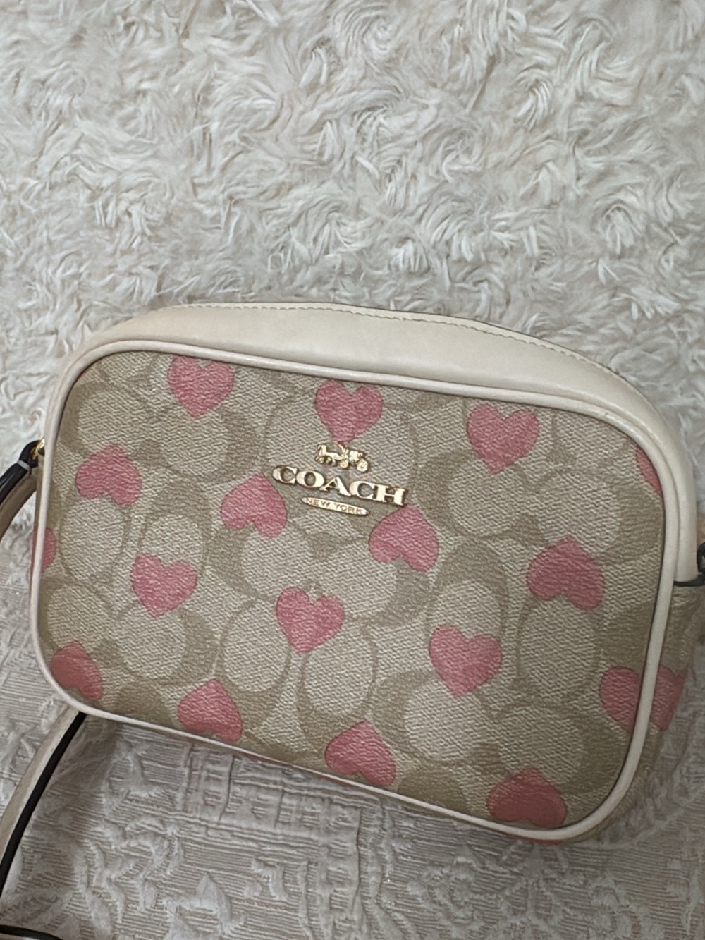 COACH Cream Canvas Crossbody with Pink Heart Signature Print